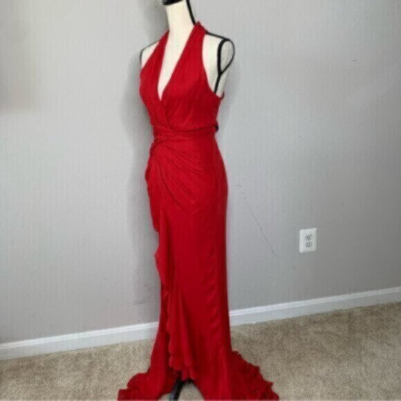Vintage Red Halter Plunged Neckline Gown with Elegant Ruffle Detail Maxi Dress - Picture 5 of 12